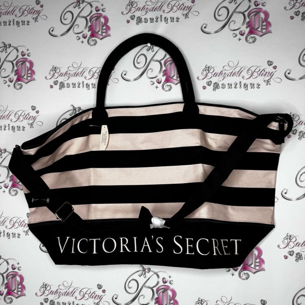Victoria's Secret Black and pink Striped Tote Bag tote BNWT